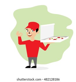 Cartoon image of a pizza delivery boy. Pizza delivery guy. Vector cartoon character illustration.