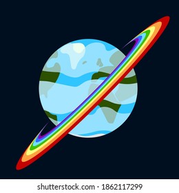 Cartoon image of a planet with a rainbow belt. Abstract detailed multi-colored image. Vector drawing in black outer space.
