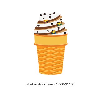 Cartoon image of the process of making ice cream. Trucks carry chocolate for ice cream in a glass. Vector illustration