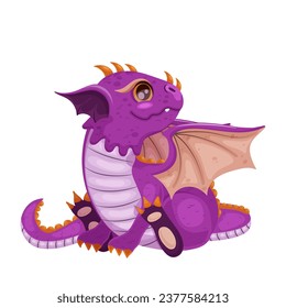 Imagen de caricatura del diminuto dragón morado. Diseño de dinosaurios de hadas. Personaje feliz, monstruo gracioso. Las alas beige. Juguete infantil. Hermosa y fantasiosa criatura. Aislado sobre fondo blanco. Ilustración del vector