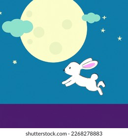 Cartoon image of a rabbit jumping to the moon