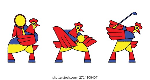 Una Imagen de dibujos animados de un pollo rojo jugando tenis, tenis de mesa y golf. Diseño gráfico de ilustración de personaje animal.