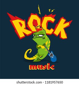Cartoon image in rock style with chameleon and electronic guitar.