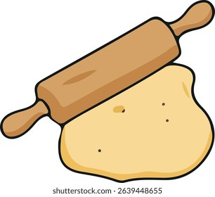 Cartoon image of a rolling pin lying on a yellow dough with a black outline.