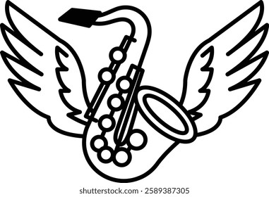 A cartoon image of a saxophone with wings on either side