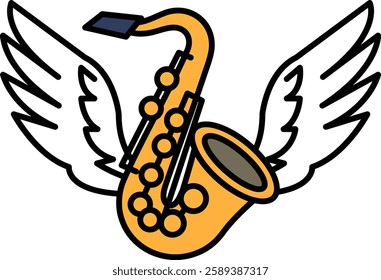 A cartoon image of a saxophone with wings on either side