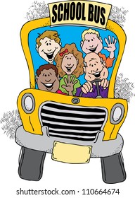 Cartoon image of a school bus taking a group of kids back to school.