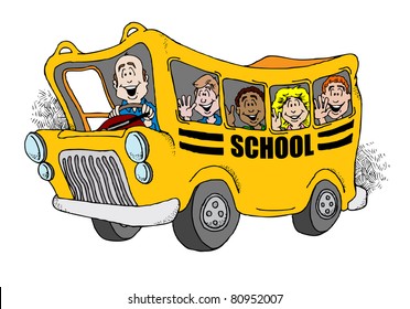 Cartoon image of a school bus taking a group of kids back to school.