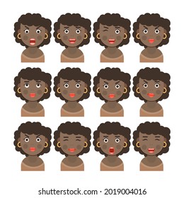 Cartoon image of a set of black women with brown hair expressing various facial emotions on a white background. Emotion face avatar, Vector format