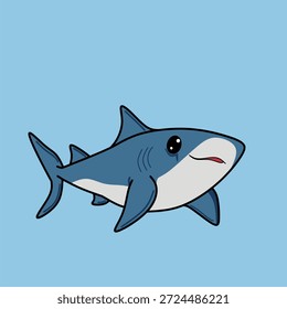 cartoon image of a shark in an adorable and friendly style, on a bright light blue background.