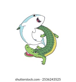 cartoon image of a shark and a crocodile which are the mascots of the city of Surabaya, Indonesia.