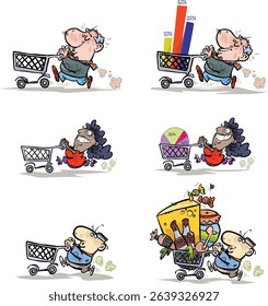 Cartoon image of shoppers with empty carts and statistics. All on separate layers.
