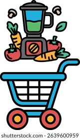 A cartoon image of a shopping cart filled with vegetables and fruits. The cart is blue and has a green handle. The vegetables include carrots, tomatoes, and broccoli. Concept of healthy eating