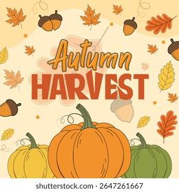 Cartoon image showcases an autumn harvest with pumpkins in yellow, orange, and green. Acorns and autumn leaves accent the seasonal motif against a light background.