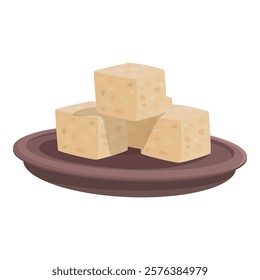 Cartoon image showing three cubes of cheese on a brown plate, isolated on white