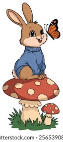 A cartoon image shows a brown bunny wearing a blue sweater, sitting on a mushroom with a butterfly nearby. This is a piece of art being shared in an online marketplace.