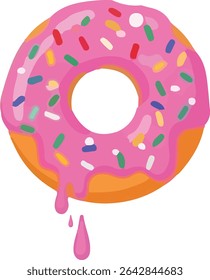 Uma imagem de desenho animado mostra uma rosquinha rosa com polvilhos coloridos e esmalte gotejante.