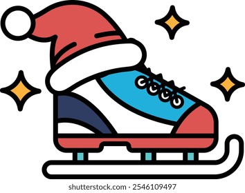 Imagem de desenho animado de um skatista com chapéu vermelho e sapatos azuis e brancos. O skatista está em um snowboard e é cercado por estrelas