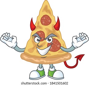 A cartoon image of slice of pizza as a devil character. Vector illustration