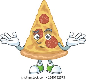 A cartoon image of slice of pizza in smirking face. Vector illustration