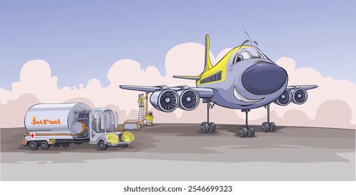 Imagen de dibujos animados de un avión de cara sonriente con un equipo de servicio alrededor. Todo en capas separadas.