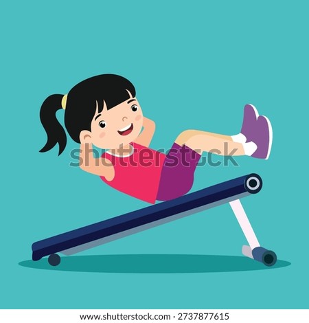 A cartoon image of a smiling girl doing sit-ups on an inclined gym bench with her hair tied back