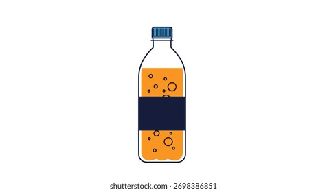 Cartoon image of a soda or juice bottle with a dark blue label, containing a fizzy orange beverage, isolated on white background.