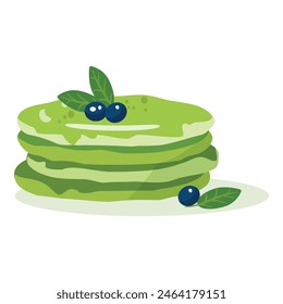 Cartoon image of stacked matchaflavored pancakes topped with fresh blueberries