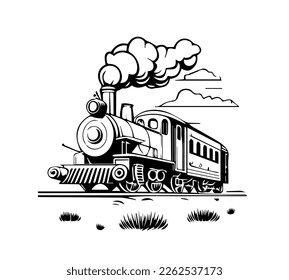 Cartoon image of a steam locomotive in black and white style for coloring. Vector illustration