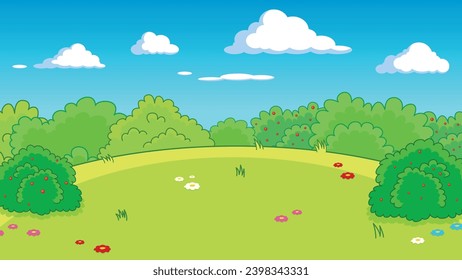 Cartoon image of summer meadow with berry bushes and flowers with cloudy sky in the background.