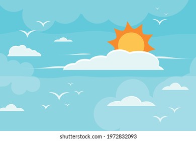 Cartoon image in summer, the sky is full of bright clouds, the shining sun And birds flying in the sky Summer Scenery Background Vector Illustration.