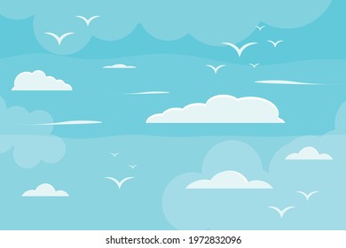 Cartoon image in summer, the sky is full of bright clouds, the shining sun And birds flying in the sky Summer Scenery Background Vector Illustration.