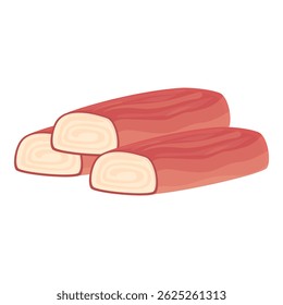 Cartoon image of three red and white deli meat sticks, isolated on white background