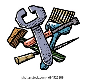 Cartoon image of Tools set. Repair, Service symbol. An artistic freehand picture.