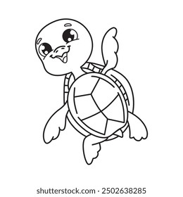 Cartoon image of a turtle. Black and white style. Linear graphics. Character for coloring book.