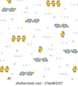 Cartoon image of a turtle and duck, vector illustration, star, heart shape, number 123, letter a b c and others as background