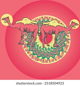 cartoon image of two camels in red vintage colours