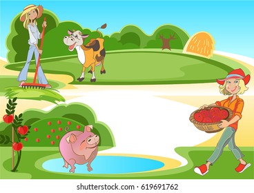  Cartoon image of two cheerful girls who work in the field