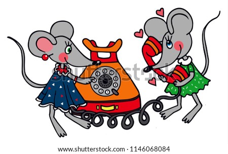 Cartoon image of two cute mouses talking on an old telephone. Colored vector for card or gift. 