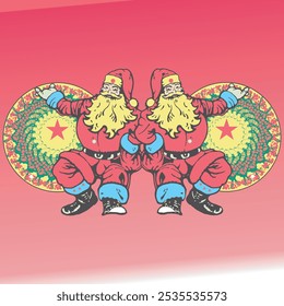 cartoon image of two santa claus with beautiful circular ornament for christmas