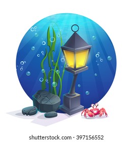 Cartoon image underwater lamp with stones, seaweed, crab, bubbles.