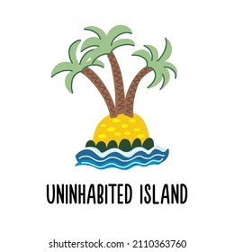 Cartoon image of an uninhabited island with palm trees and sea waves in a simple flat style on a white background