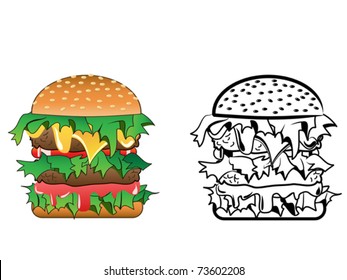 Cartoon image of a variety of cheeseburger - both color and black / white versions