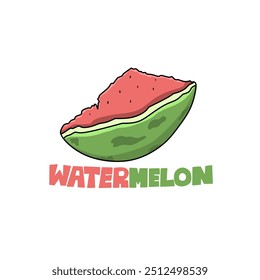 A cartoon image of a watermelon with the words watermelon underneath can be used for stickers, icons, screen printing on children's t-shirts and book covers