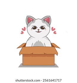 cartoon image of a white cat coming out of the box