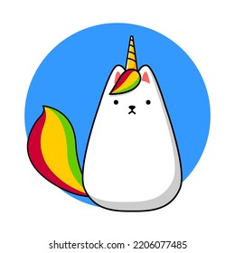 Cartoon image of a white cat with a horn and a tail of a unicorn. Birthday. Vector illustration