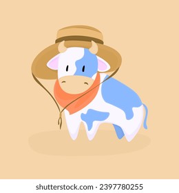 Imagen de caricatura de un toro blanco con un sombrero de vaquero y una bufanda en el cuello sobre un fondo amarillento. Imagen corta del signo del zodiaco Taurus