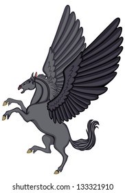 Cartoon image of a winged black horse Pegasus
