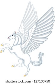 Cartoon image of a winged white horse Pegasus