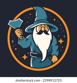 A cartoon image of a wizard with a hat and a beard.